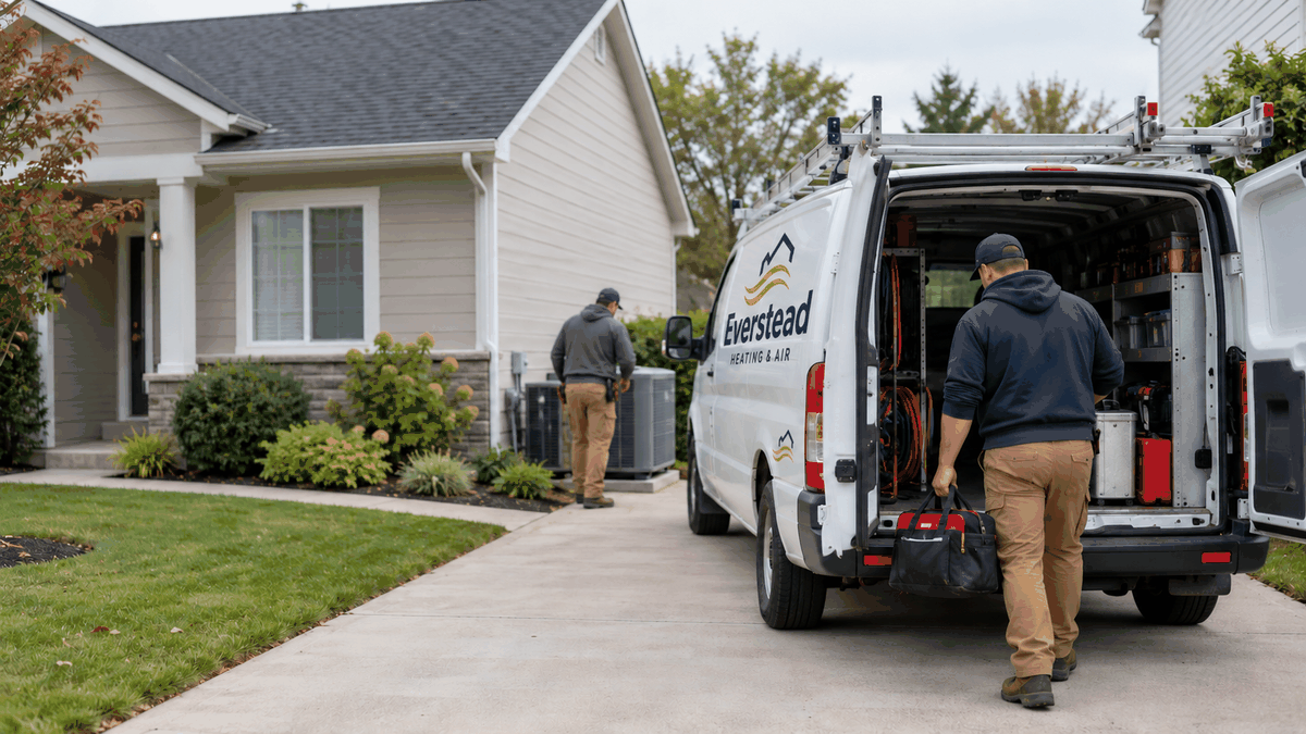 Everstead Heating and Air website concept showing a residential service crew